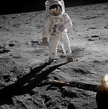 Astronaut Buzz Aldrin, standing on the Moon