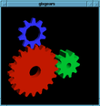 Three gears: red, blue and green