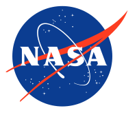 A blue sphere with stars, white letters N-A-S-A in Helvetica font; a red chevron representing wings, and an orbiting spacecraft