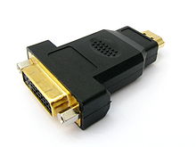 An adapter with a DVI receptacle connector to HDMI plug connector.