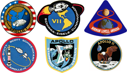 Composite image of six crewed Apollo development mission patches, from Apollo 1 to Apollo 11.