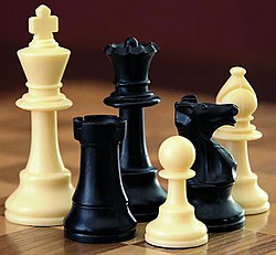 A selection of black and white chess pieces on a checkered surface.