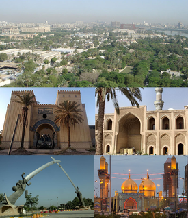 Clockwise from top: Aerial view of the Green Zone; the Iraq Museum; Mustansiriya University; Haydar-Khana Mosque; Save Iraqi culture monument; and General view of Baghdad