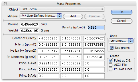 Property window outlining the mass properties of a model in Cobalt