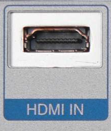 An HDMI type A receptacle connector on a device with the words HDMI IN below it.